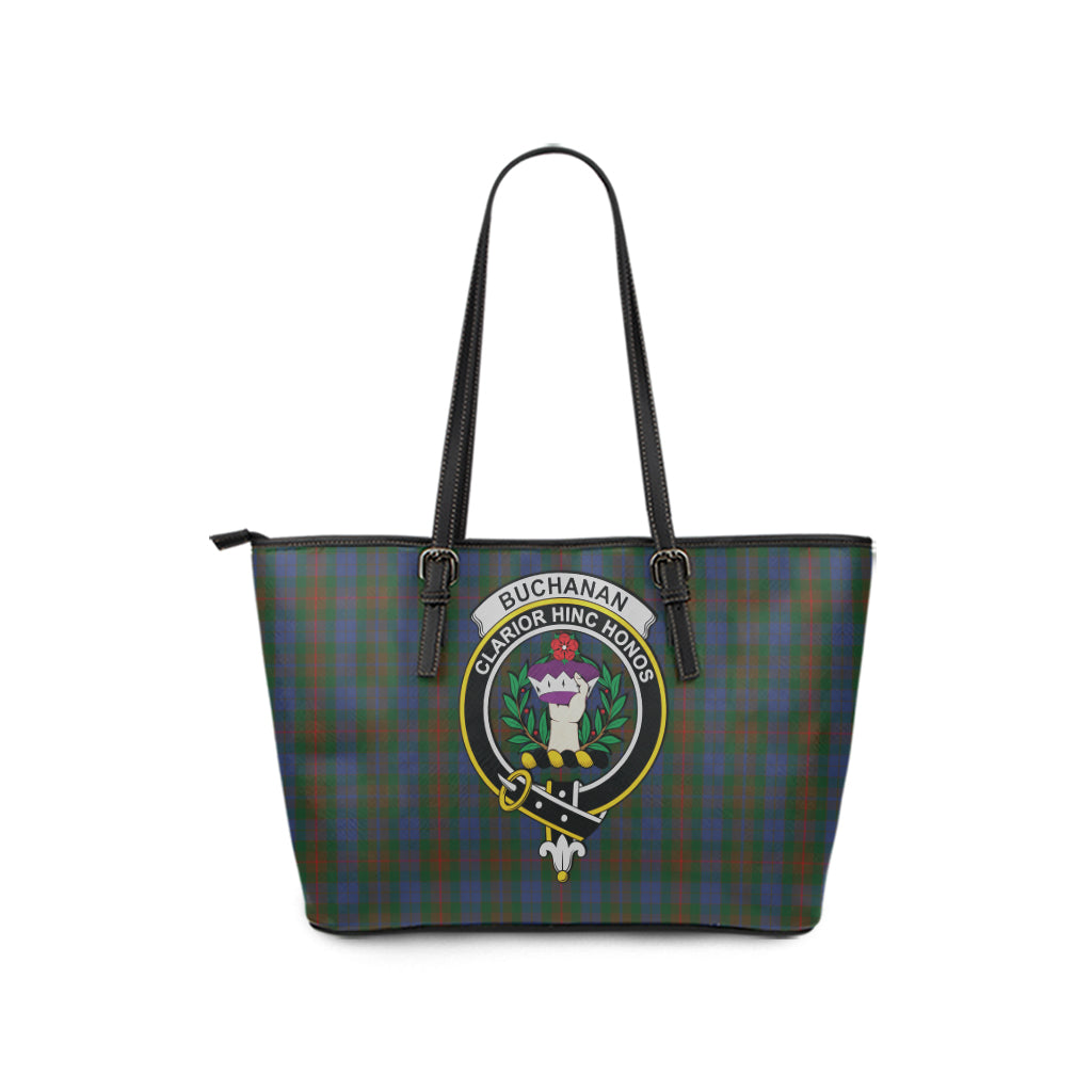 Buchanan Hunting Tartan Leather Tote Bag with Family Crest - Tartanvibesclothing