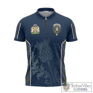 Buchanan Hunting Tartan Zipper Polo Shirt with Family Crest and Scottish Thistle Vibes Sport Style