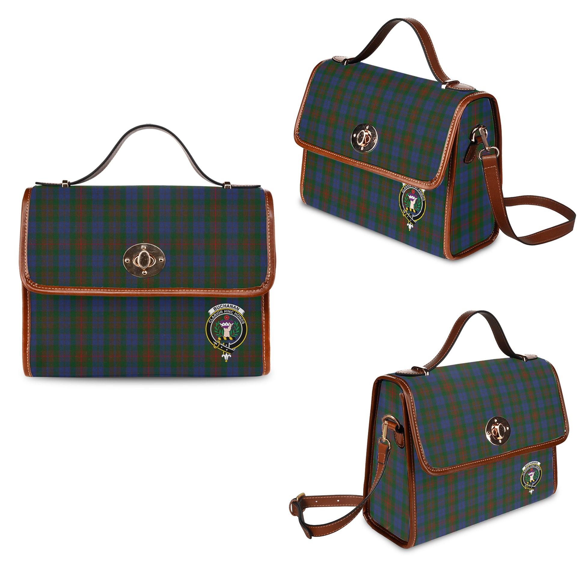 Buchanan Hunting Tartan Leather Strap Waterproof Canvas Bag with Family Crest One Size 34cm * 42cm (13.4" x 16.5") - Tartanvibesclothing