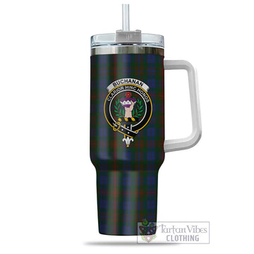 Buchanan Hunting Tartan and Family Crest Tumbler with Handle