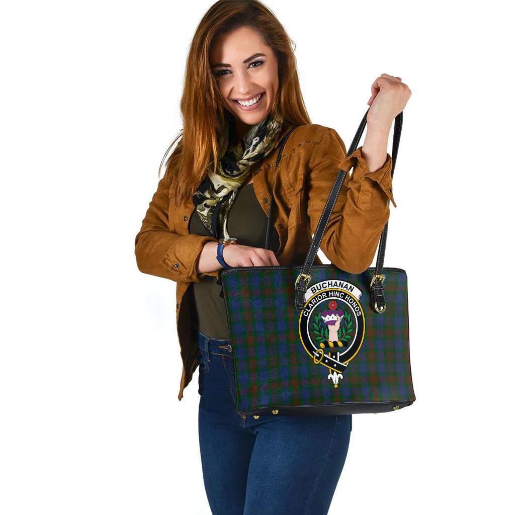 Buchanan Hunting Tartan Leather Tote Bag with Family Crest - Tartanvibesclothing