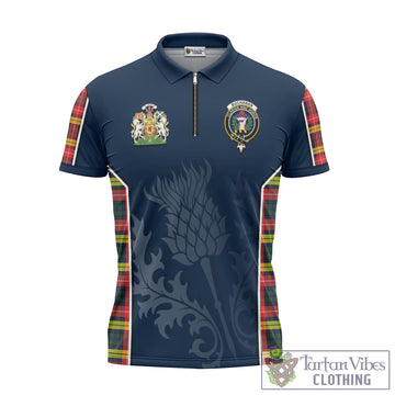 Buchanan Modern Tartan Zipper Polo Shirt with Family Crest and Scottish Thistle Vibes Sport Style