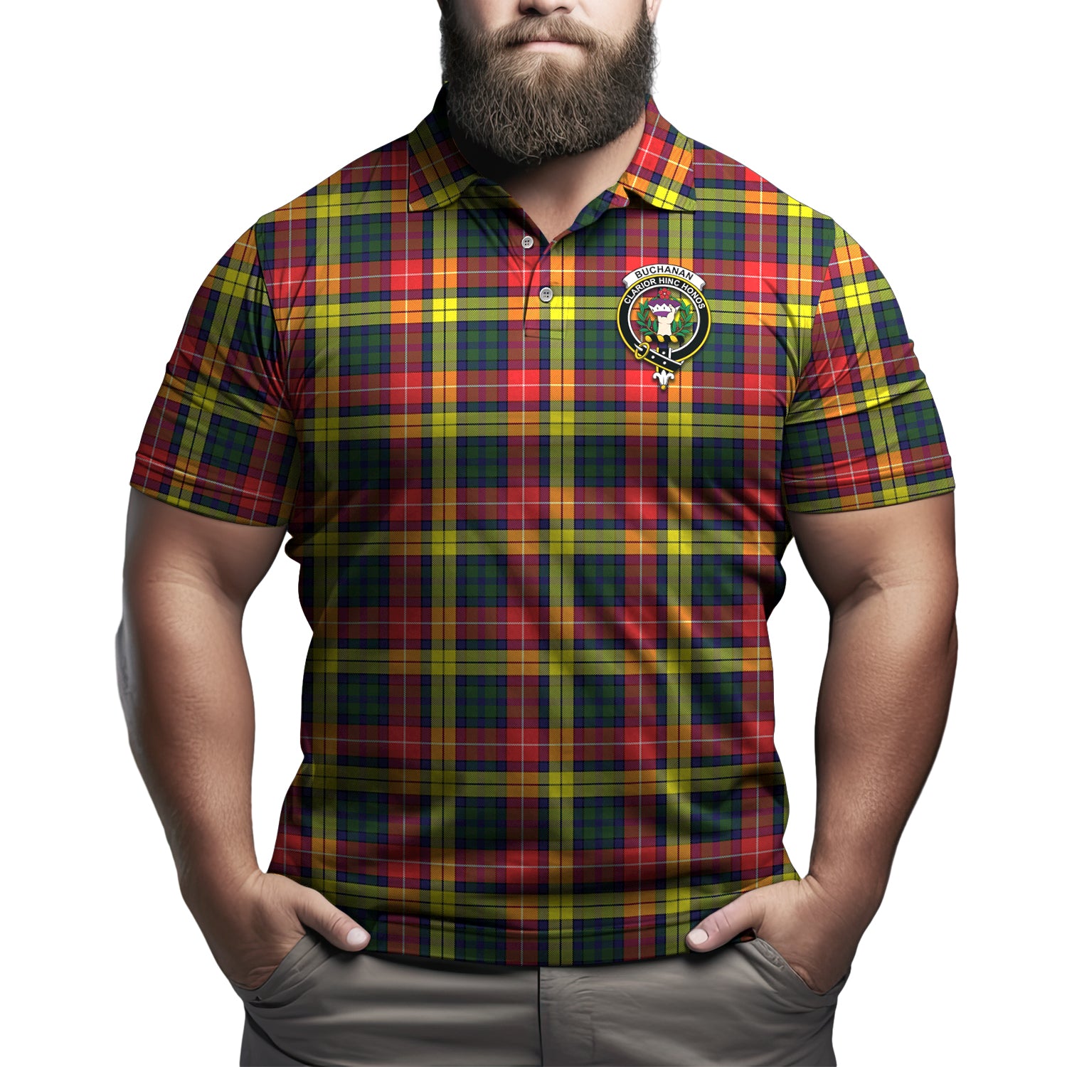 Buchanan Modern Tartan Men's Polo Shirt with Family Crest - Tartanvibesclothing