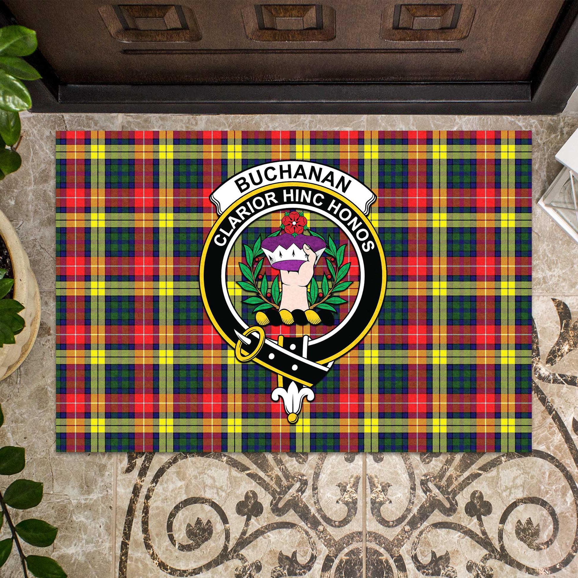 Buchanan Modern Tartan Door Mat with Family Crest - Tartanvibesclothing