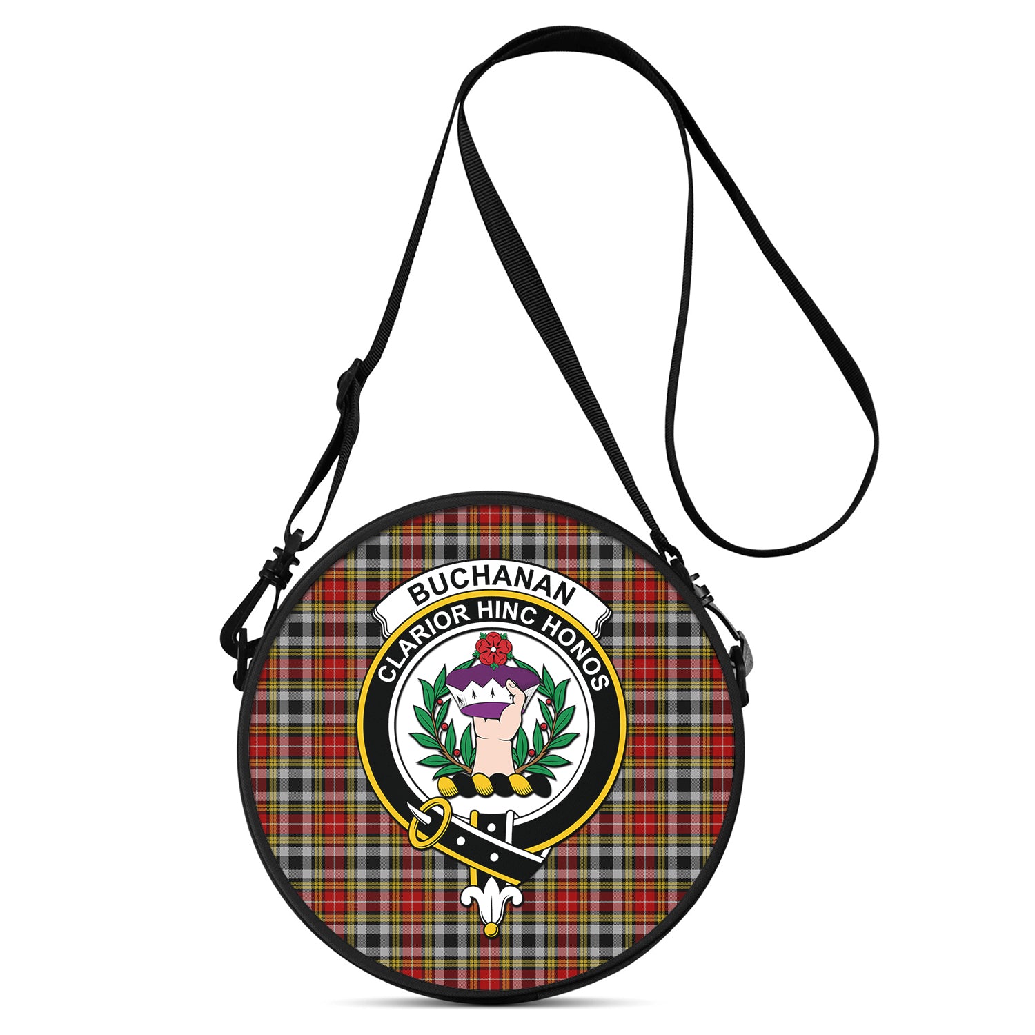 Buchanan Old Dress Tartan Round Satchel Bags with Family Crest One Size 9*9*2.7 inch - Tartanvibesclothing