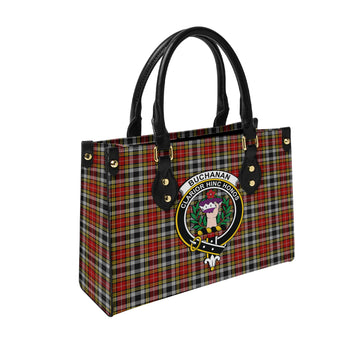 Buchanan Old Dress Tartan Leather Bag with Family Crest