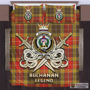 Buchanan Old Set Weathered Tartan Bedding Set with Clan Crest and the Golden Sword of Courageous Legacy