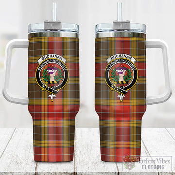 Buchanan Old Set Weathered Tartan and Family Crest Tumbler with Handle