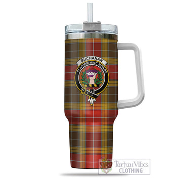 Buchanan Old Set Weathered Tartan and Family Crest Tumbler with Handle