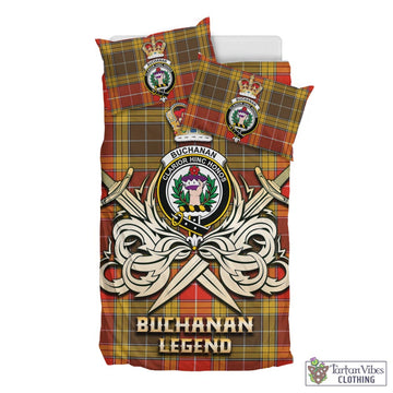 Buchanan Old Set Weathered Tartan Bedding Set with Clan Crest and the Golden Sword of Courageous Legacy