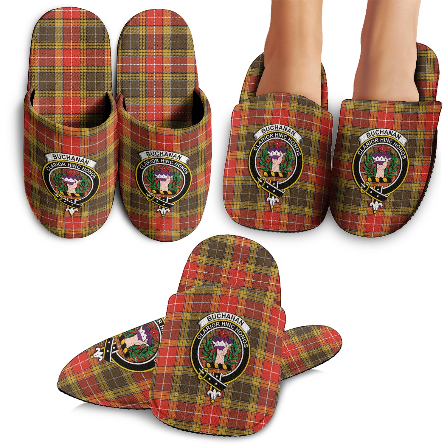 Buchanan Old Set Weathered Tartan Home Slippers with Family Crest - Tartanvibesclothing