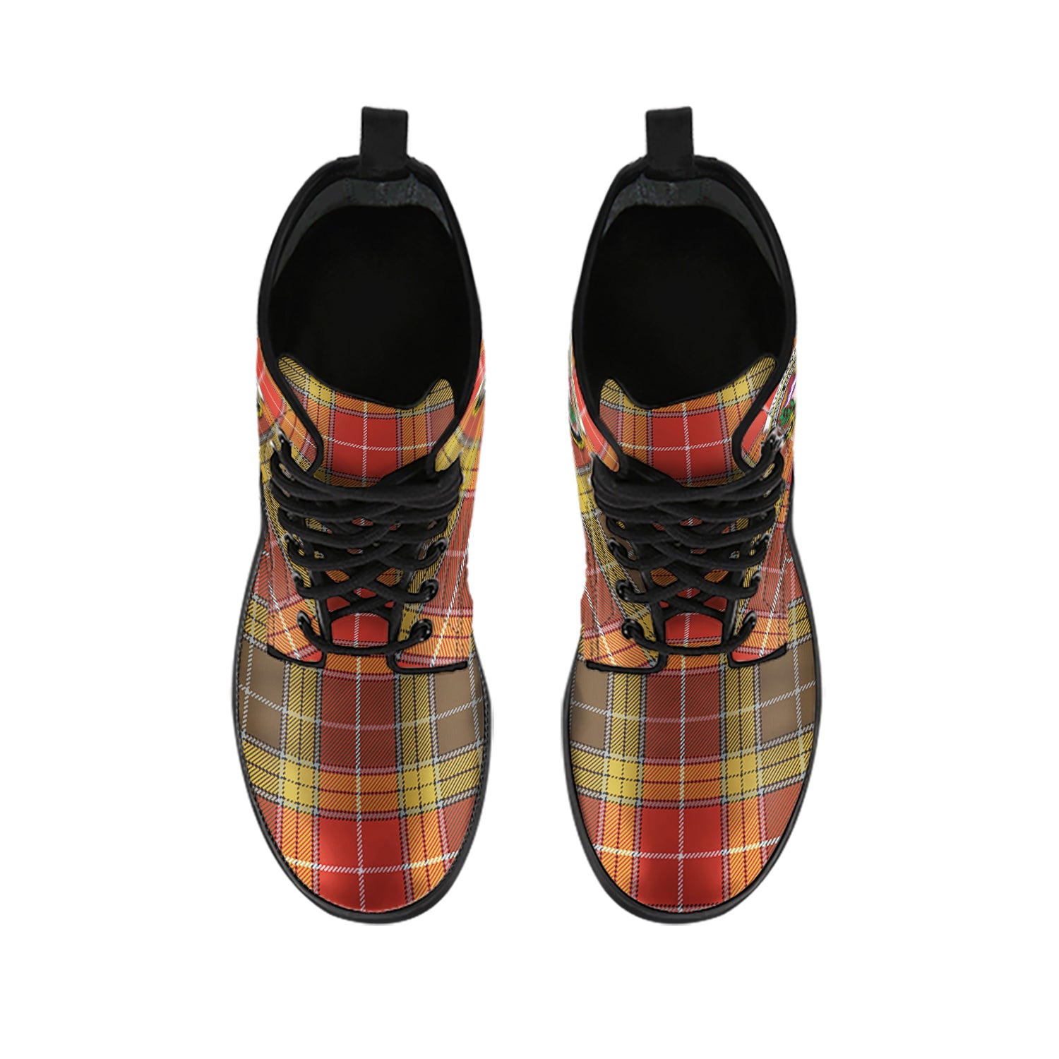 Buchanan Old Set Weathered Tartan Leather Boots with Family Crest - Tartanvibesclothing