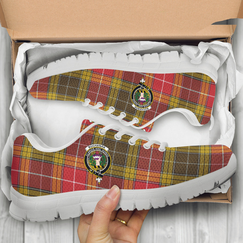 Buchanan Old Set Weathered Tartan Sneakers with Family Crest - Tartanvibesclothing