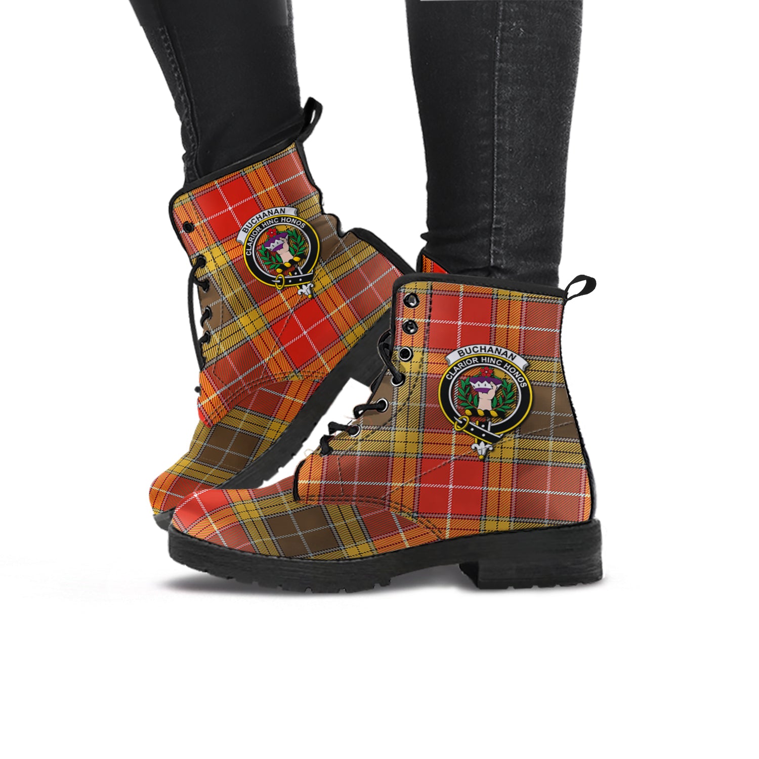 Buchanan Old Set Weathered Tartan Leather Boots with Family Crest - Tartanvibesclothing
