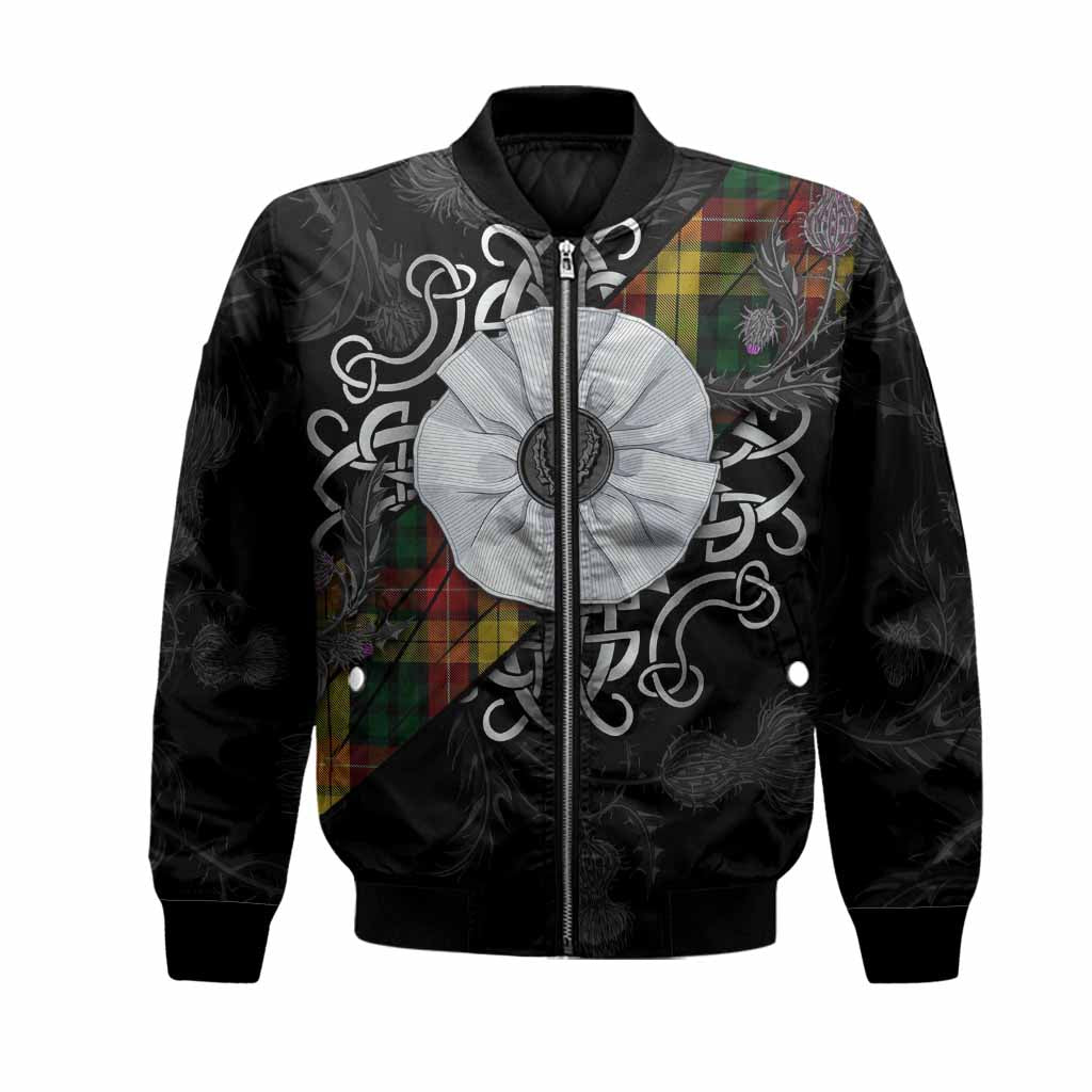 Buchanan Tartan Bomber Jacket Jacobite White Rose Unisex Black - Tartan Vibes Clothing