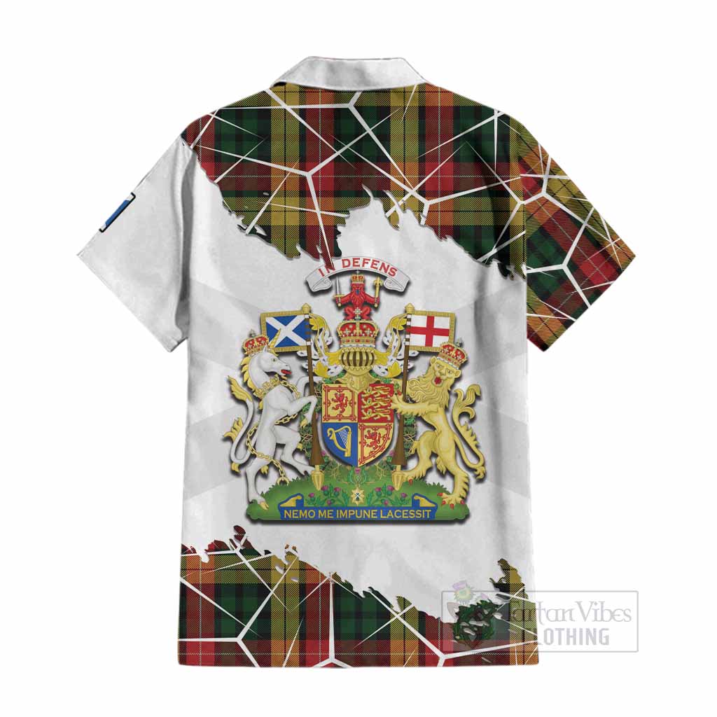 Buchanan Tartan Cotton Hawaiian Shirt with Family Crest and Lion Rampant Grunge Style