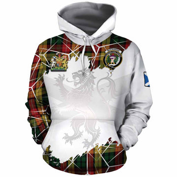 Buchanan Tartan Cotton Hoodie with Family Crest and Lion Rampant Grunge Style