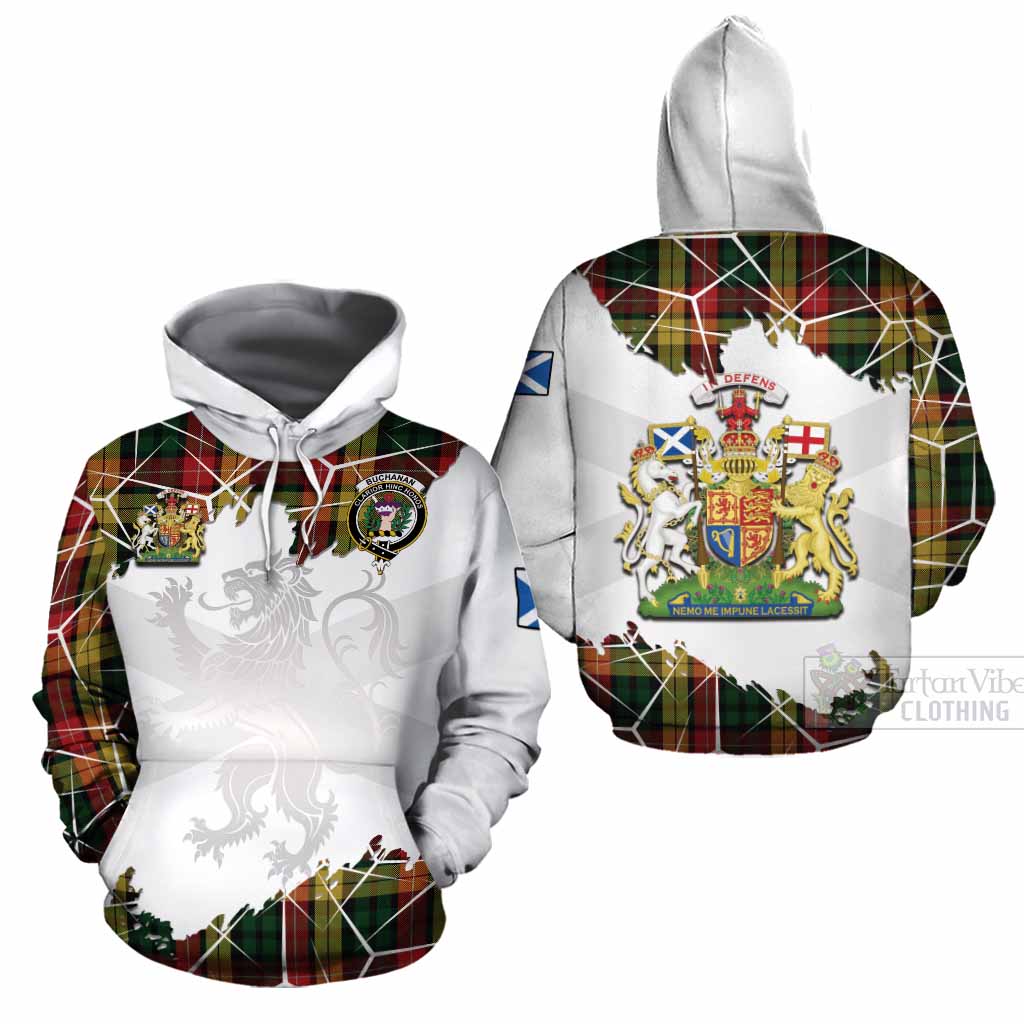 Buchanan Tartan Cotton Hoodie with Family Crest and Lion Rampant Grunge Style