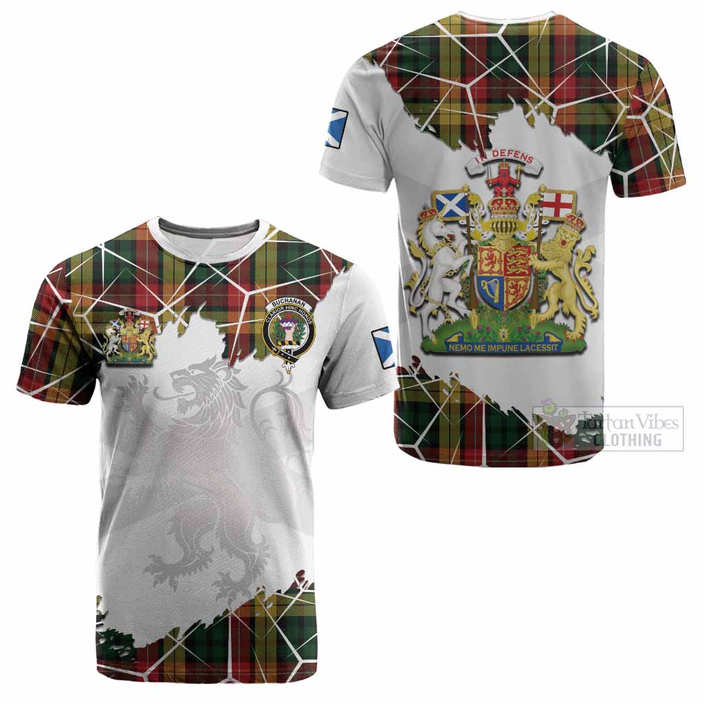 Buchanan Tartan Cotton T-shirt with Family Crest and Lion Rampant Grunge Style