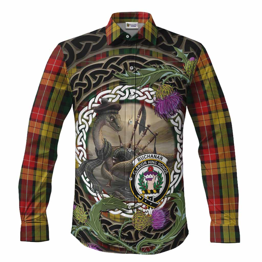 Buchanan Tartan Crest Bagpipe Nessie Long Sleeve Button Shirts Scottish Loch Ness Monster Celtic Thistle