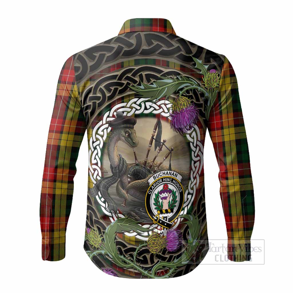Buchanan Tartan Crest Bagpipe Nessie Long Sleeve Button Shirts Scottish Loch Ness Monster Celtic Thistle