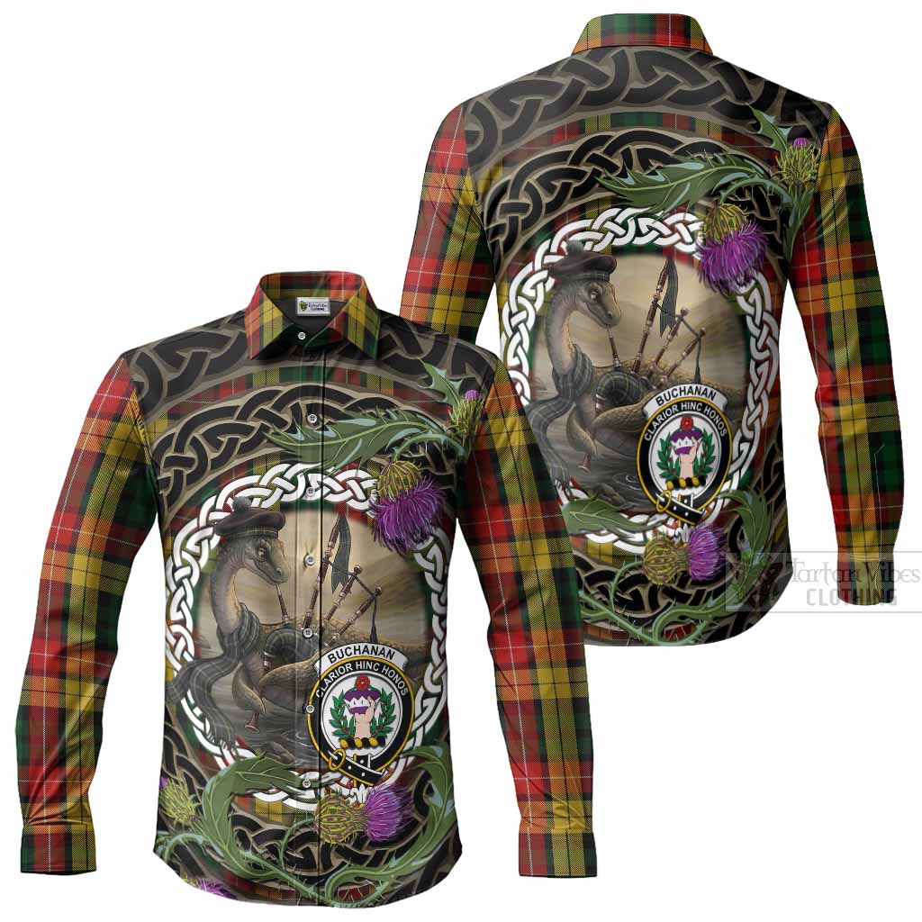 Buchanan Tartan Crest Bagpipe Nessie Long Sleeve Button Shirts Scottish Loch Ness Monster Celtic Thistle
