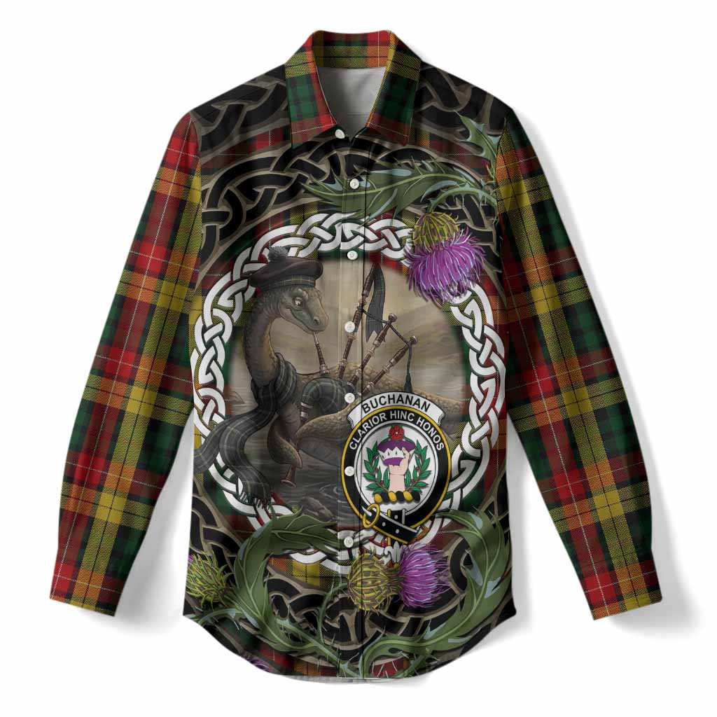 Buchanan Tartan Crest Bagpipe Nessie Women Casual Shirt Scottish Loch Ness Monster Celtic Thistle
