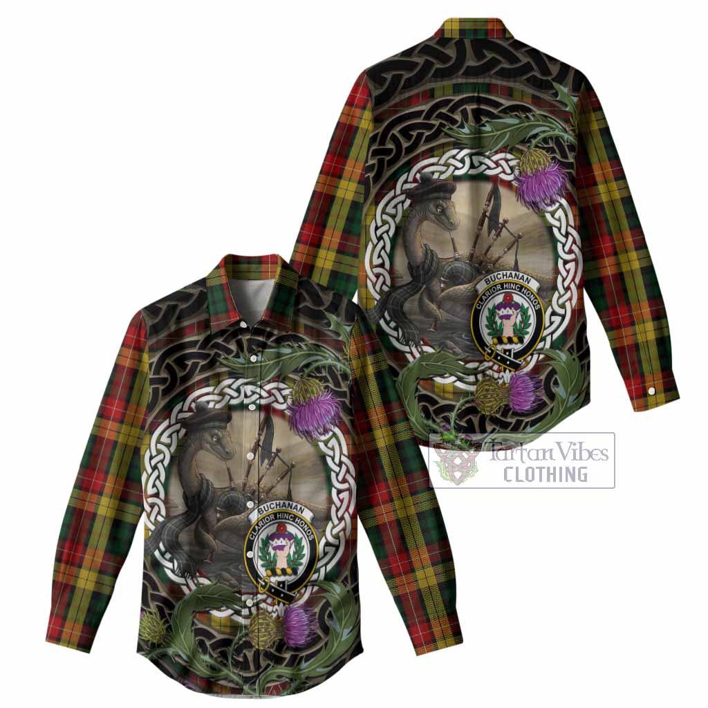 Buchanan Tartan Crest Bagpipe Nessie Women Casual Shirt Scottish Loch Ness Monster Celtic Thistle
