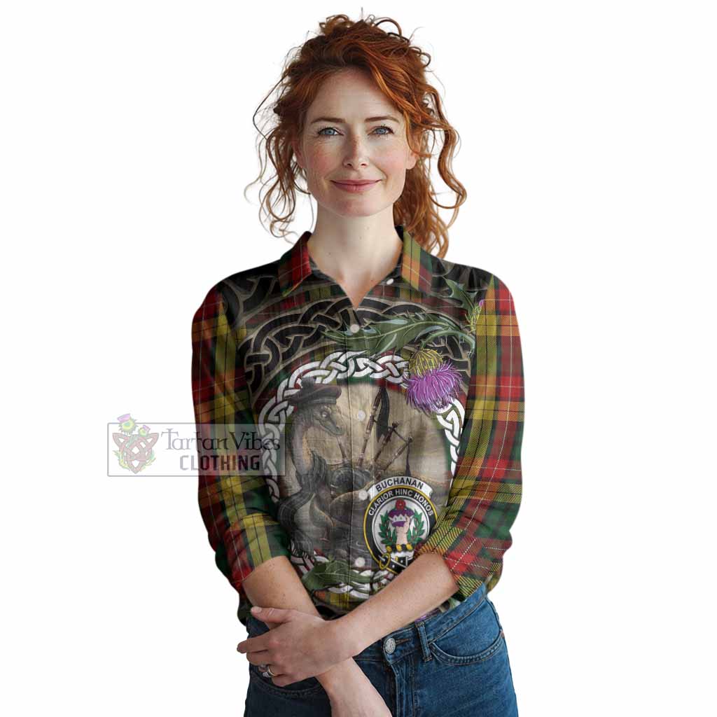 Buchanan Tartan Crest Bagpipe Nessie Women Casual Shirt Scottish Loch Ness Monster Celtic Thistle