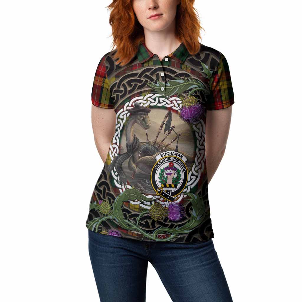 Buchanan Tartan Crest Bagpipe Nessie Women Polo Shirt Scottish Loch Ness Monster Celtic Thistle