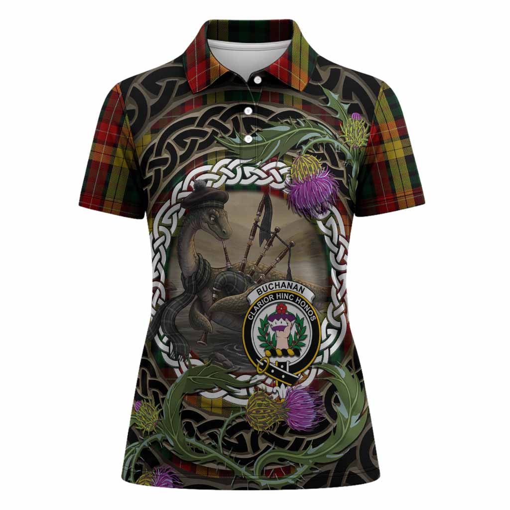 Buchanan Tartan Crest Bagpipe Nessie Women Polo Shirt Scottish Loch Ness Monster Celtic Thistle
