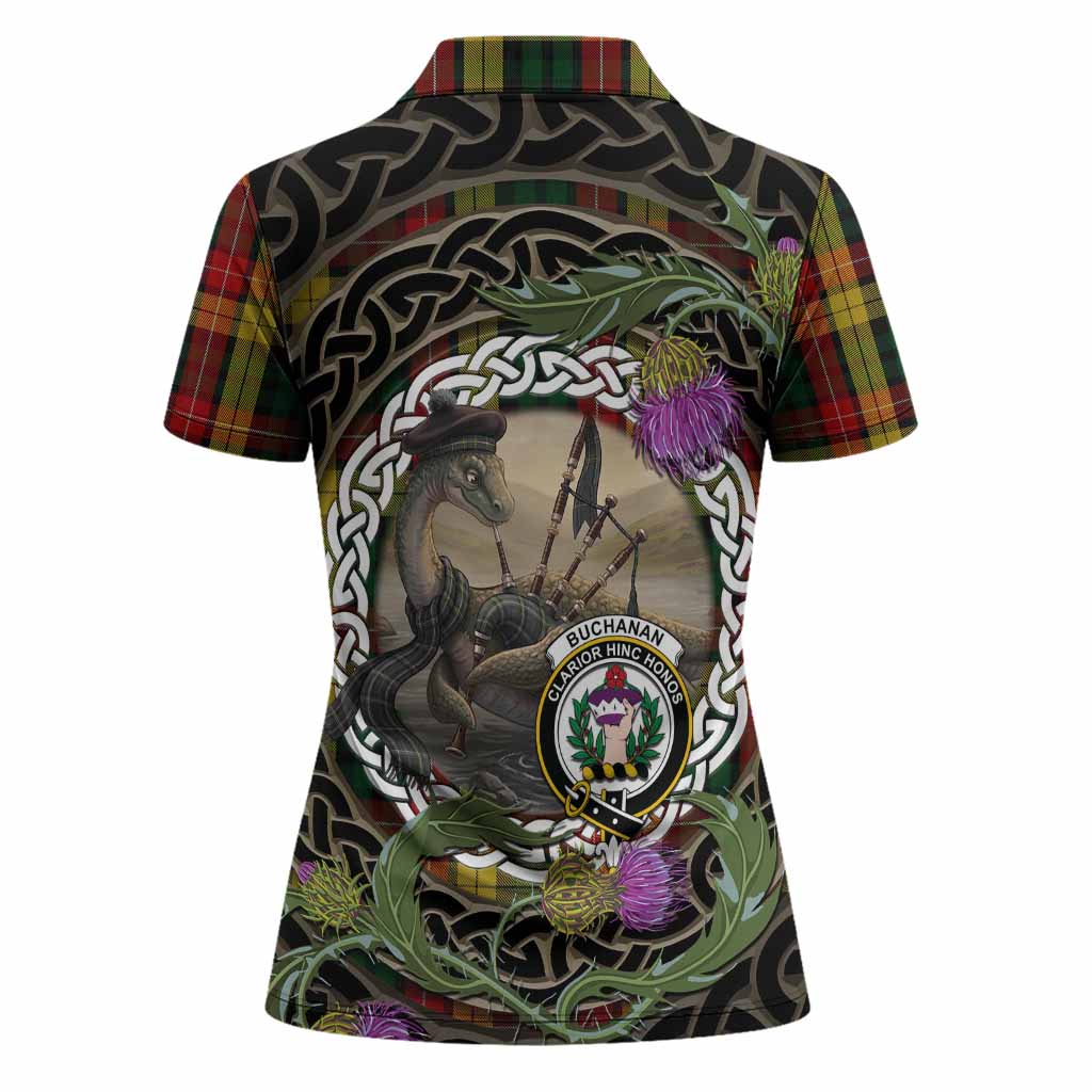 Buchanan Tartan Crest Bagpipe Nessie Women Polo Shirt Scottish Loch Ness Monster Celtic Thistle
