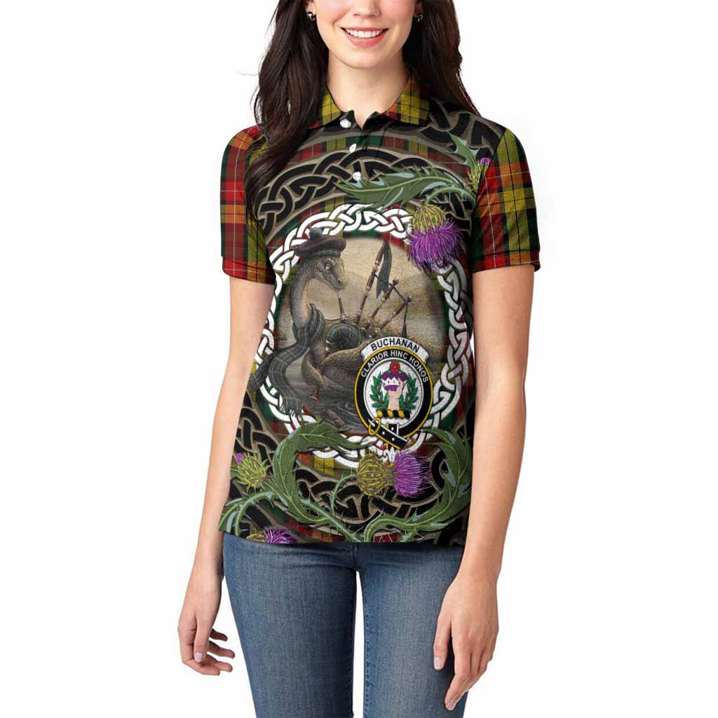 Buchanan Tartan Crest Bagpipe Nessie Women Polo Shirt Scottish Loch Ness Monster Celtic Thistle
