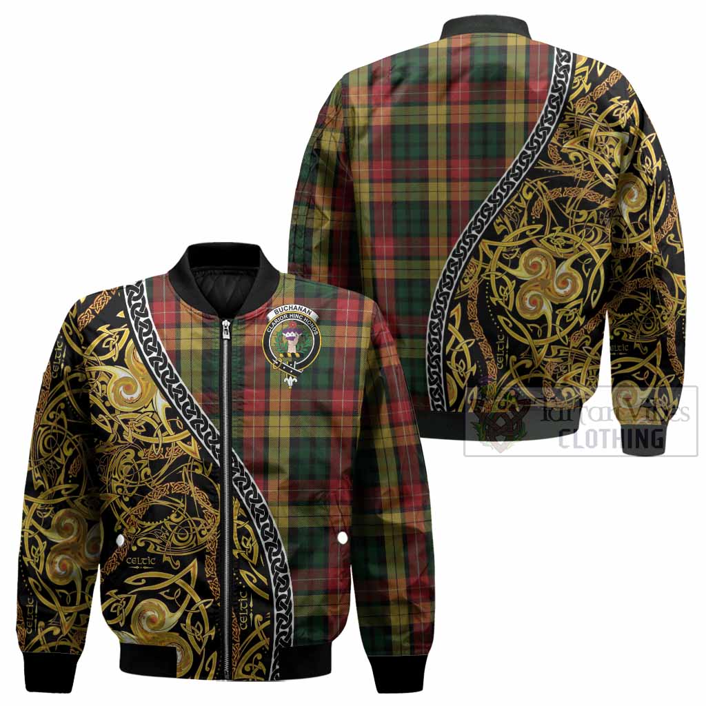 Buchanan Tartan Crest Bomber Jacket Celtic Knot and Triple Trickle Spiral Symbols
