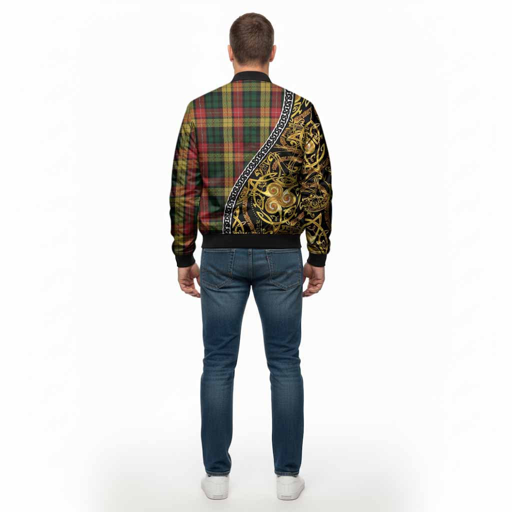 Buchanan Tartan Crest Bomber Jacket Celtic Knot and Triple Trickle Spiral Symbols