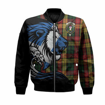 Buchanan Tartan Crest Bomber Jacket Scottish Golden Lions Wave Flow