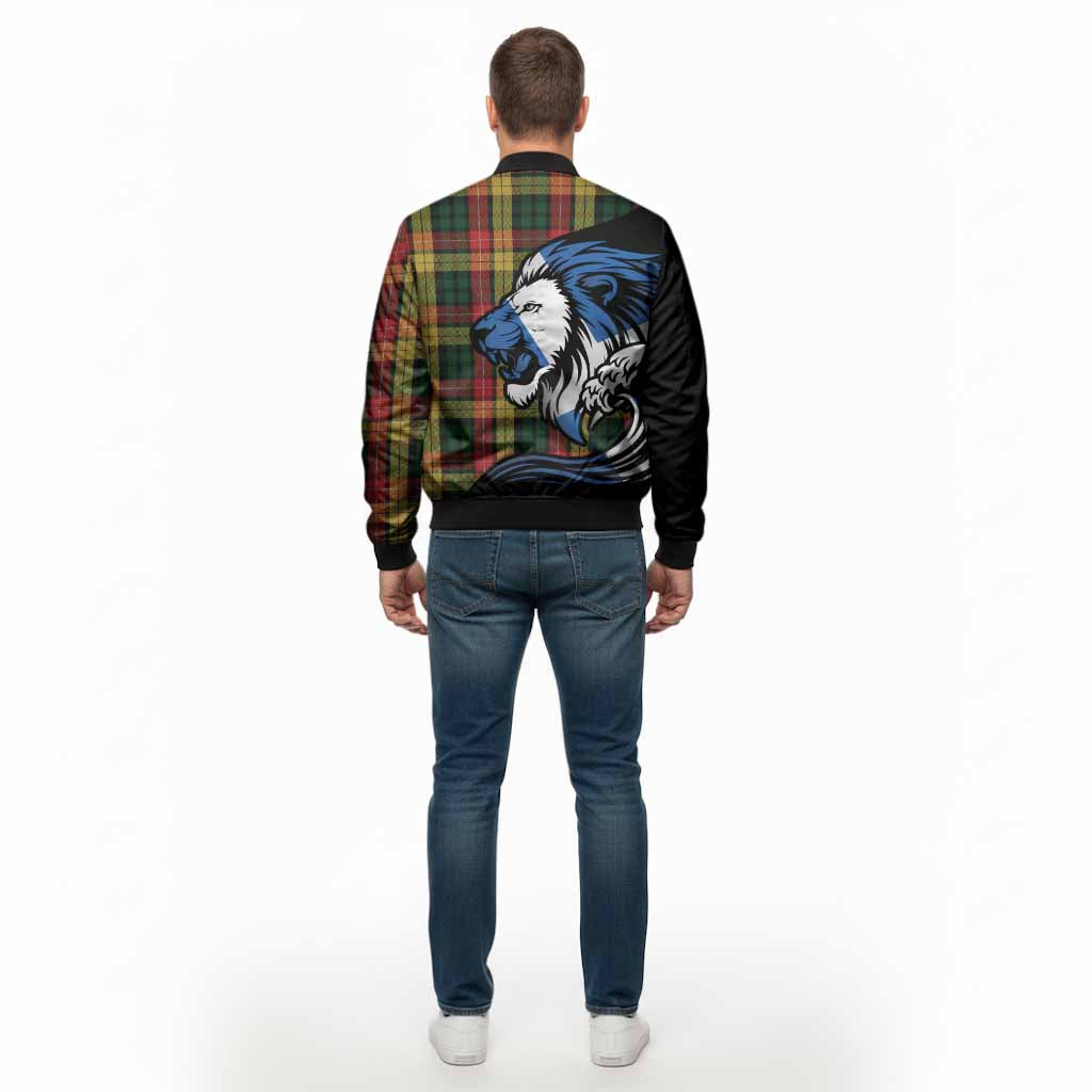 Buchanan Tartan Crest Bomber Jacket Scottish Golden Lions Wave Flow