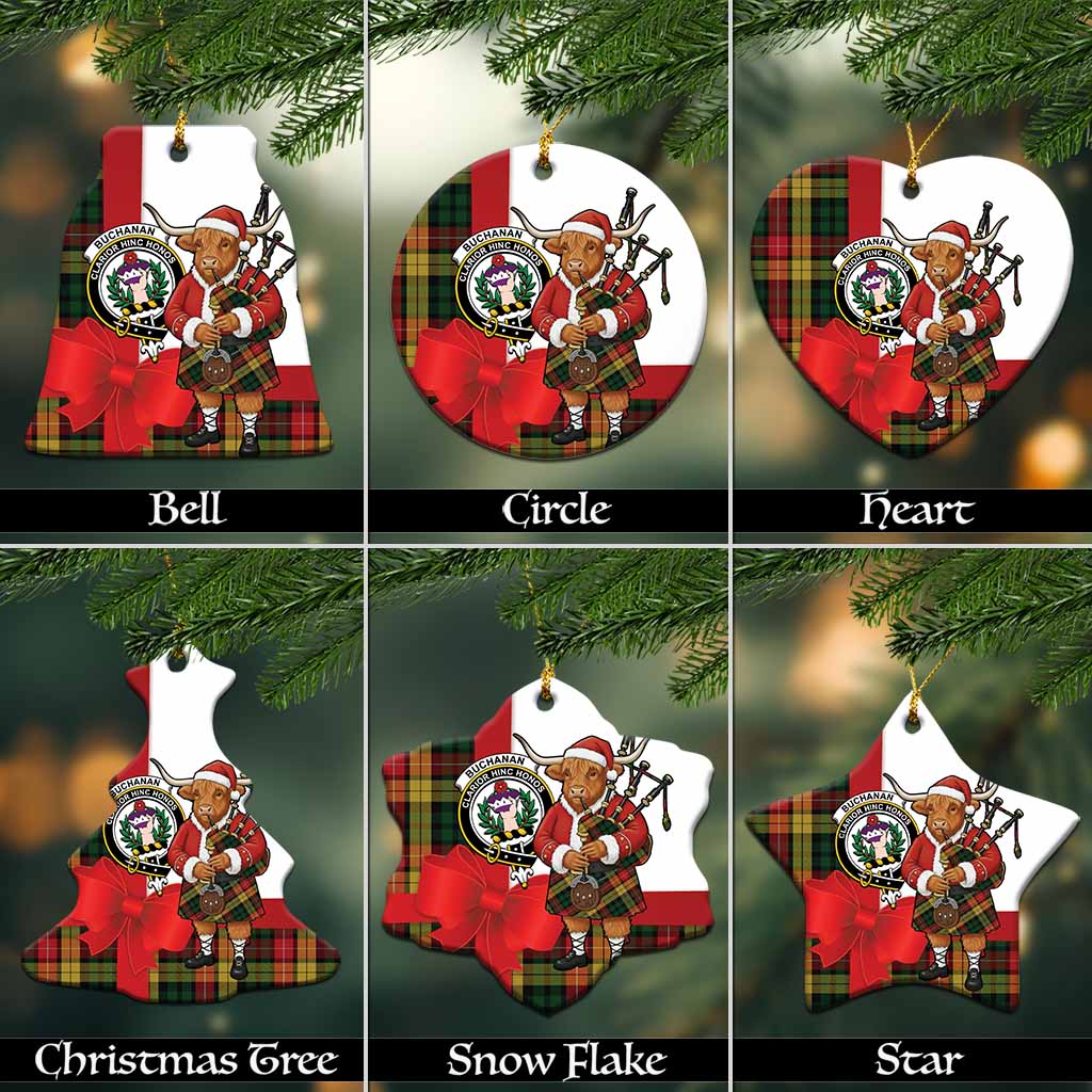 Buchanan Tartan Crest Christmas Ceramic Ornament Highland Cow Bagpipes Coquette Bow Style