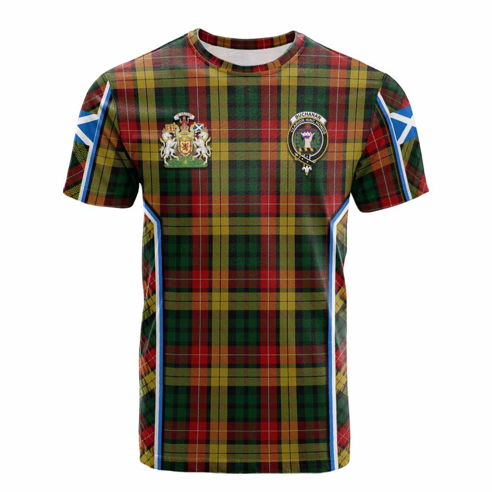 Buchanan Tartan Crest Cotton T-shirt Scotland Coat of Arm Flag Style - Tartan Vibes Clothing