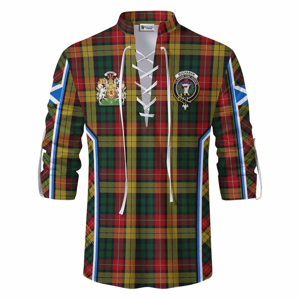 Buchanan Tartan Crest Ghillie Kilt Shirt Scotland Coat of Arm Flag Style - Tartan Vibes Clothing