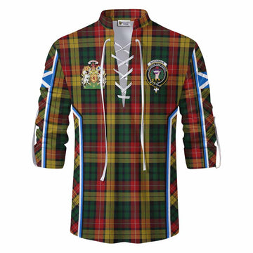 Buchanan Tartan Crest Ghillie Kilt Shirt Scotland Coat of Arm Flag Style