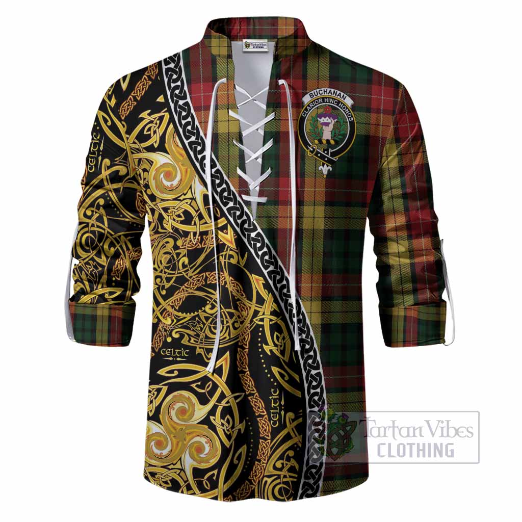 Buchanan Tartan Crest Ghillie Shirt Celtic Knot and Triple Trickle Spiral Symbols