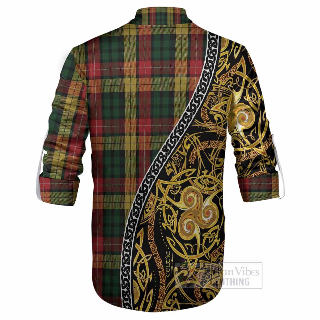 Buchanan Tartan Crest Ghillie Shirt Celtic Knot and Triple Trickle Spiral Symbols