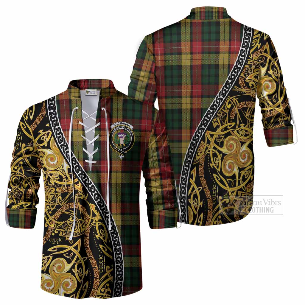 Buchanan Tartan Crest Ghillie Shirt Celtic Knot and Triple Trickle Spiral Symbols