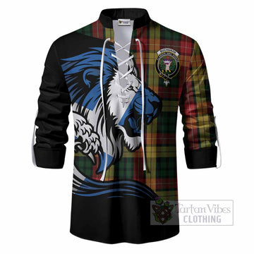 Buchanan Tartan Crest Ghillie Shirt Scottish Golden Lions Wave Flow