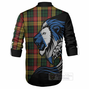Buchanan Tartan Crest Ghillie Shirt Scottish Golden Lions Wave Flow