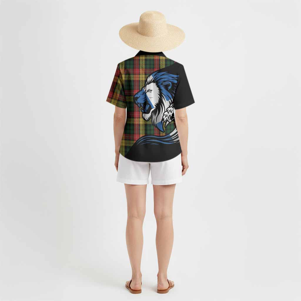 Buchanan Tartan Crest Hawaiian Shirt Scottish Golden Lions Wave Flow