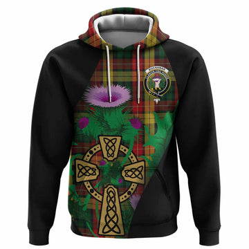 Buchanan Tartan Crest Hoodie Celtic Cross Thistle Flowers