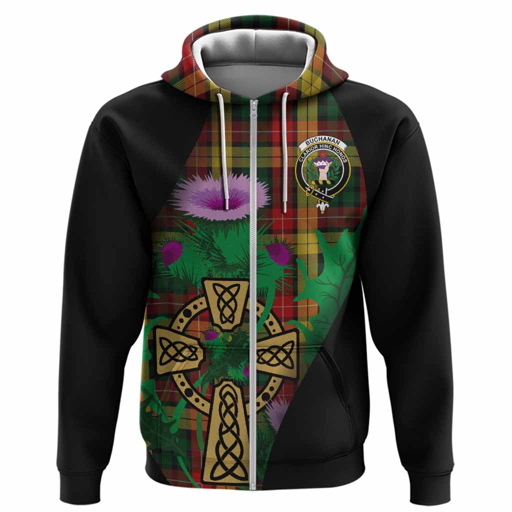 Buchanan Tartan Crest Hoodie Celtic Cross Thistle Flowers