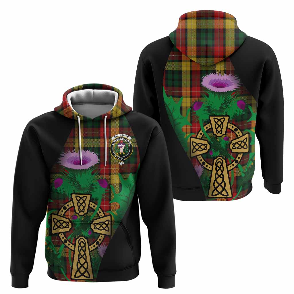 Buchanan Tartan Crest Hoodie Celtic Cross Thistle Flowers